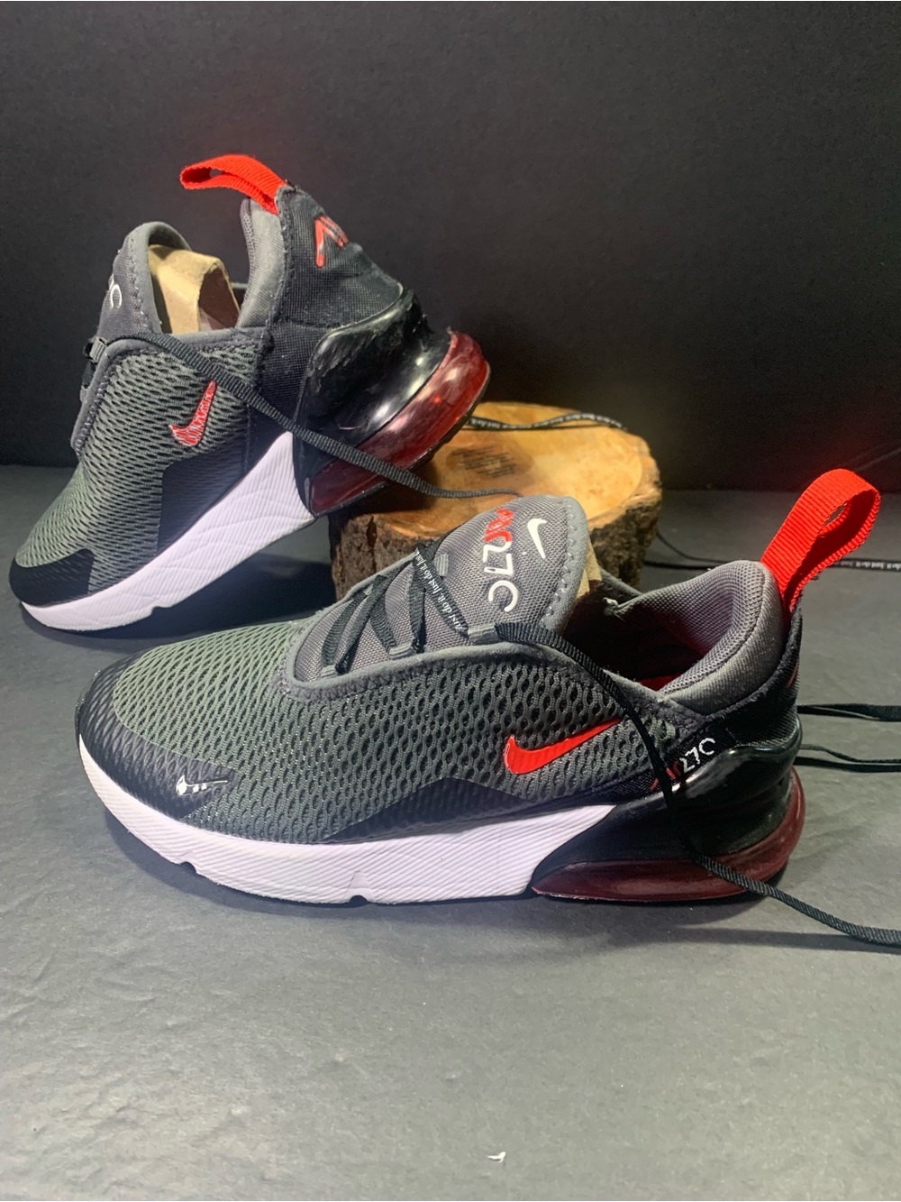Nike Air Max 270 Youth Gray Red Black Sneakers Shoe Size- 2Y